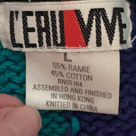 Vintage 80’s L'EAU VIVE Funky Multi-pattern Geometric Knit Long Cardigan sz L - Picture 3 of 7